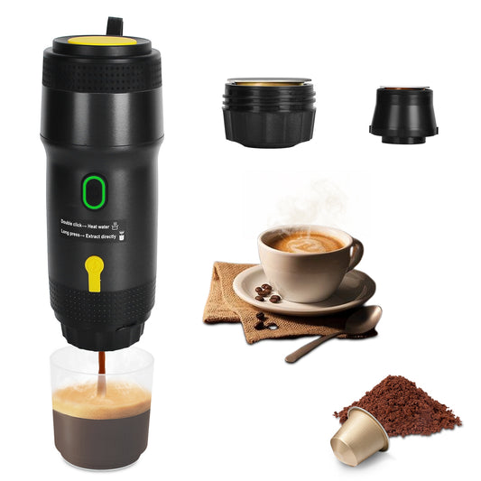 Compact black NomadBrew portable espresso maker brewing a shot of espresso outdoors