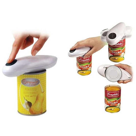 Hands-free OpenEase automatic electric can opener removing lid smoothly from a tin can
