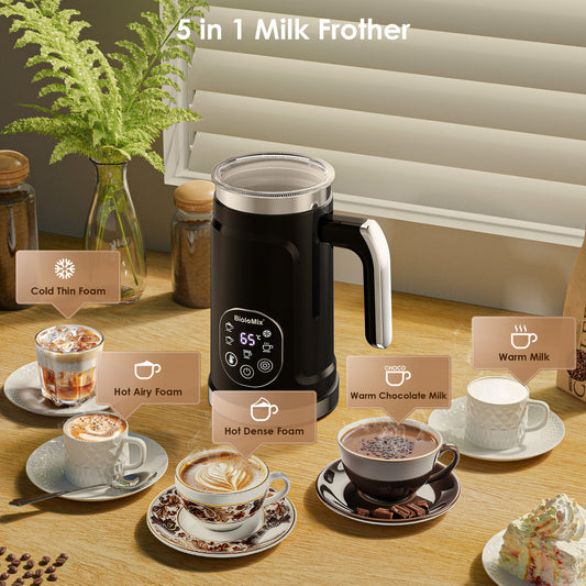 VelvetFoam electric milk frother pitchering rich creamy foam into a warm cup of coffee