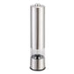 Stainless steel GrindEase electric salt and pepper mill dispensing ground pepper onto a plate