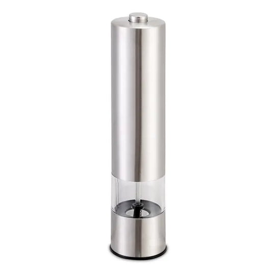 Stainless steel GrindEase electric salt and pepper mill dispensing ground pepper onto a plate