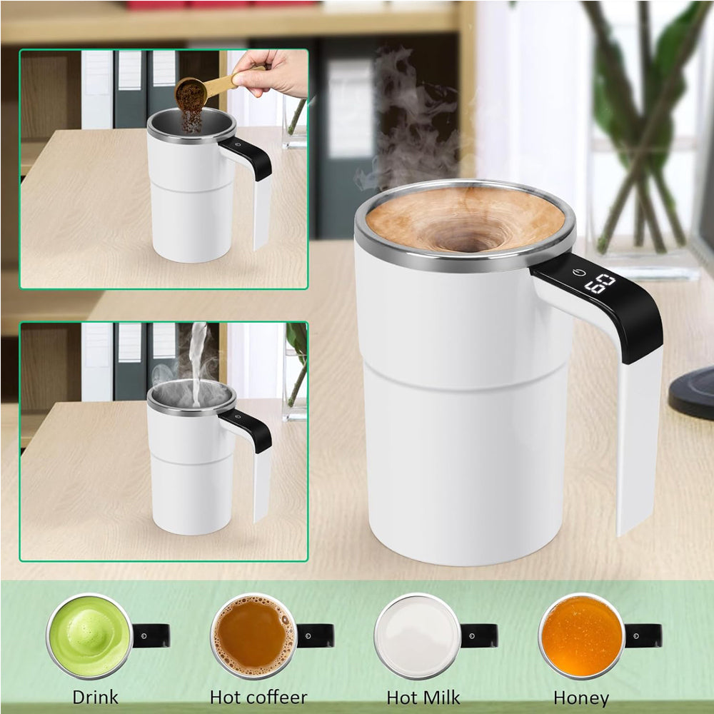 White MixMate smart self-stirring mug blending coffee automatically on a kitchen counter
