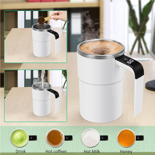 White MixMate smart self-stirring mug blending coffee automatically on a kitchen counter