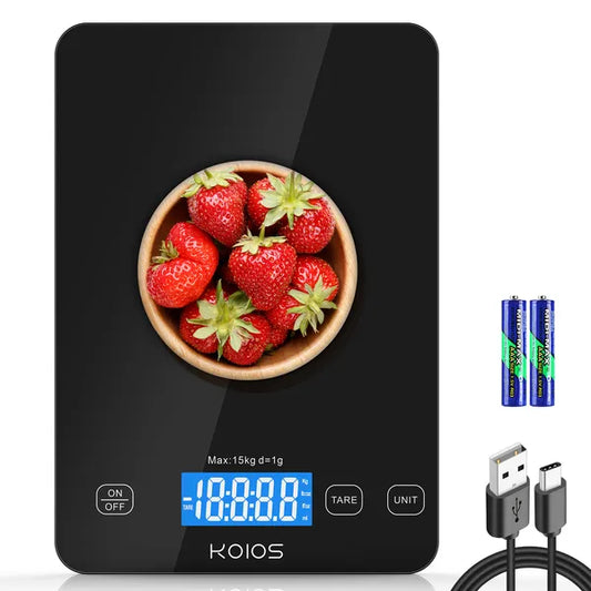 Black PrecisionPro digital kitchen scale displaying precise weight of ingredients on screen