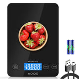 Black PrecisionPro digital kitchen scale displaying precise weight of ingredients on screen