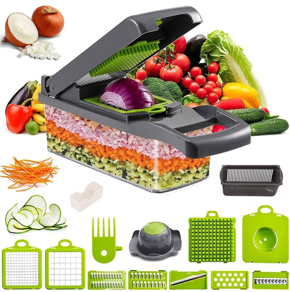 PrepMaster 15-in-1 kitchen slicing system with interchangeable blades dicing fresh vegetables