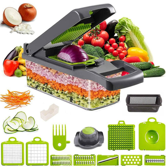 PrepMaster 15-in-1 kitchen slicing system with interchangeable blades dicing fresh vegetables